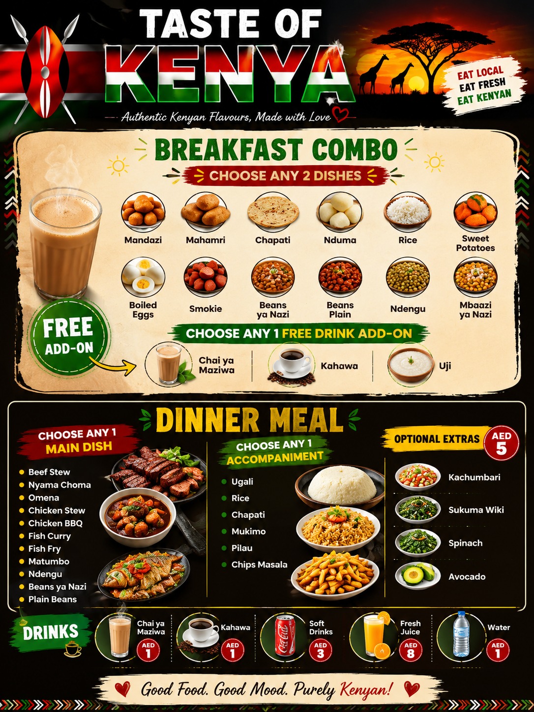 KenyaTaste official menu card showing breakfast and dinner options with prices in AED